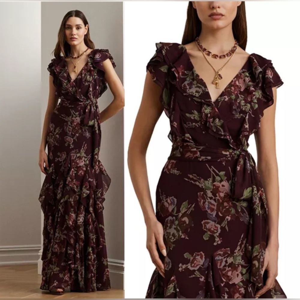 Sz 16 NWT Lauren Ralph Lauren
Floral Ruffle Trim Georgette Maxi Gown Wine Red